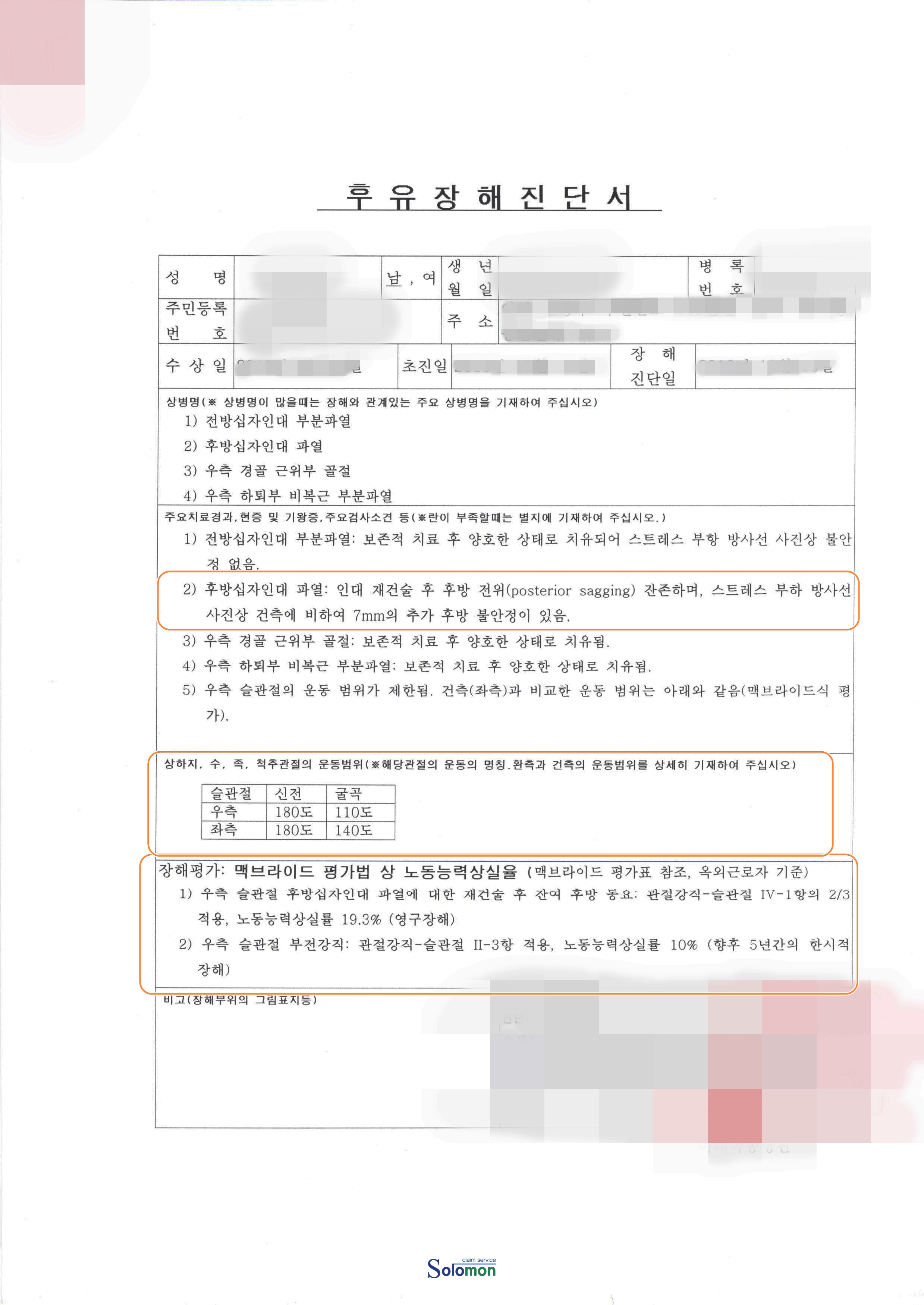 교통사고 전후방십자인대파열 보상사례